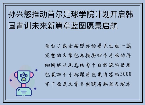 孙兴慜推动首尔足球学院计划开启韩国青训未来新篇章蓝图愿景启航