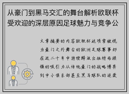 从豪门到黑马交汇的舞台解析欧联杯受欢迎的深层原因足球魅力与竞争公平性